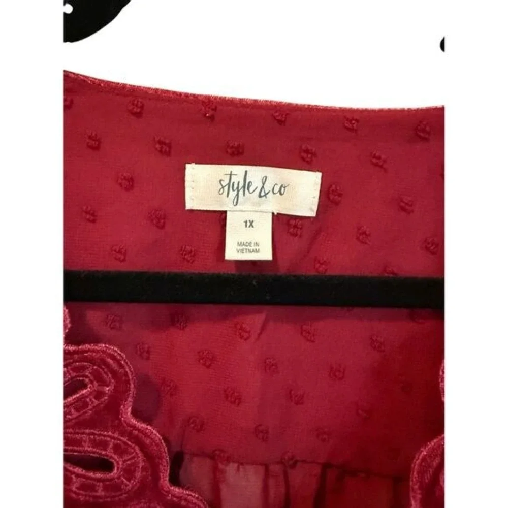Style & Co Red Swiss Dot Embroidered Boho Blouse 1X Velvet Trim - Picture 5 of 9